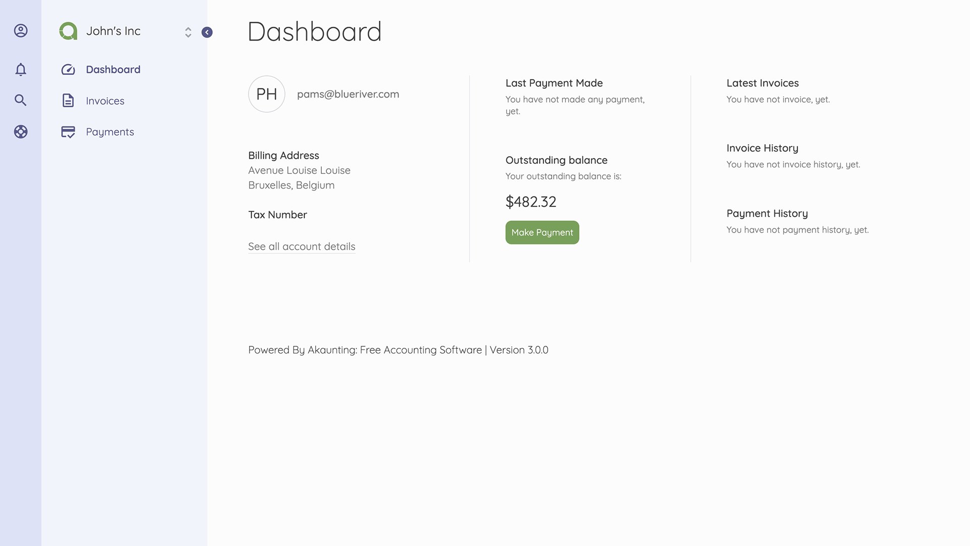 Akaunting client portal dashboard showing invoices and payments
