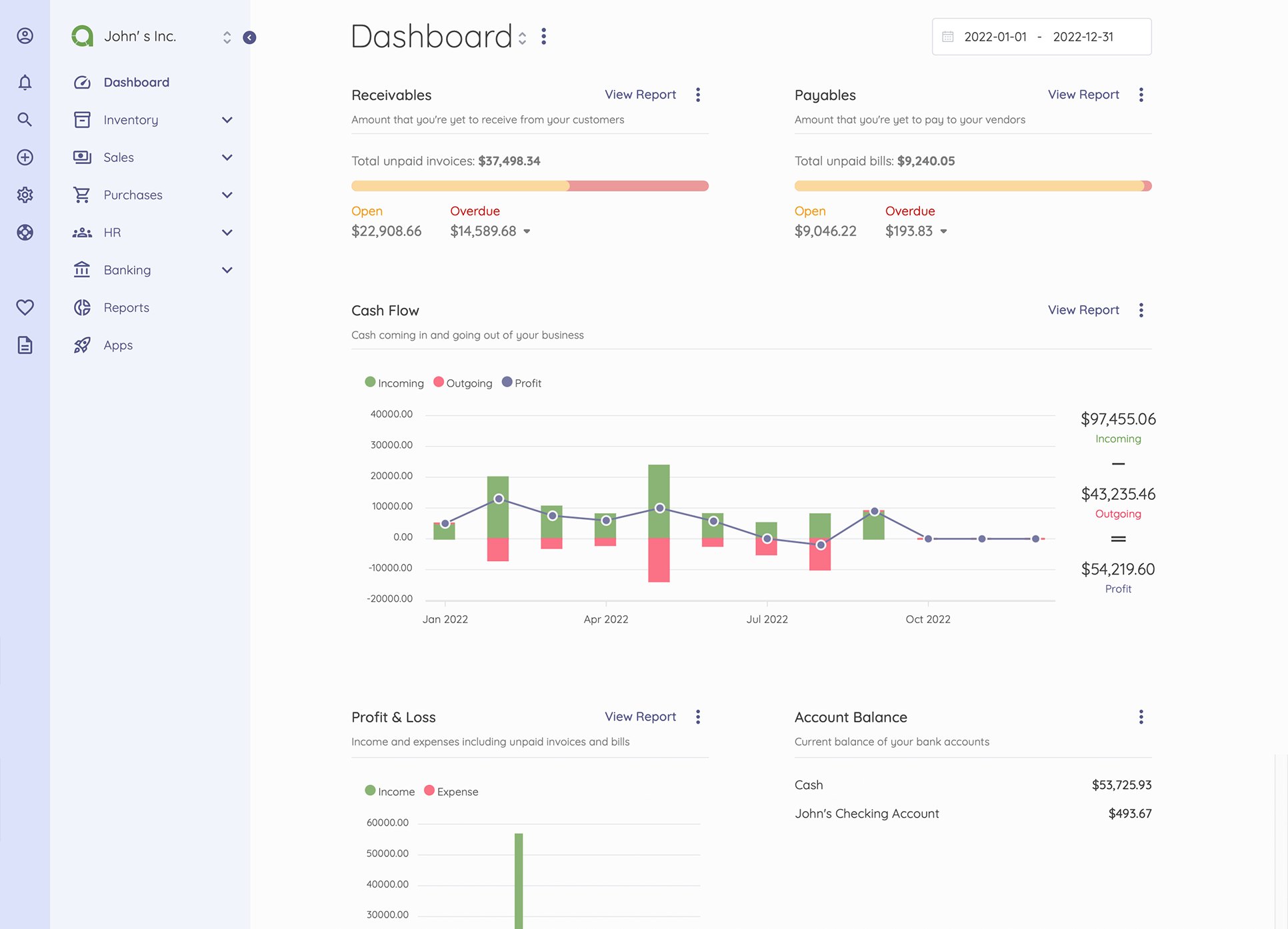 Akaunting dashboard with cash flow, receivables, payables and profit and loss
