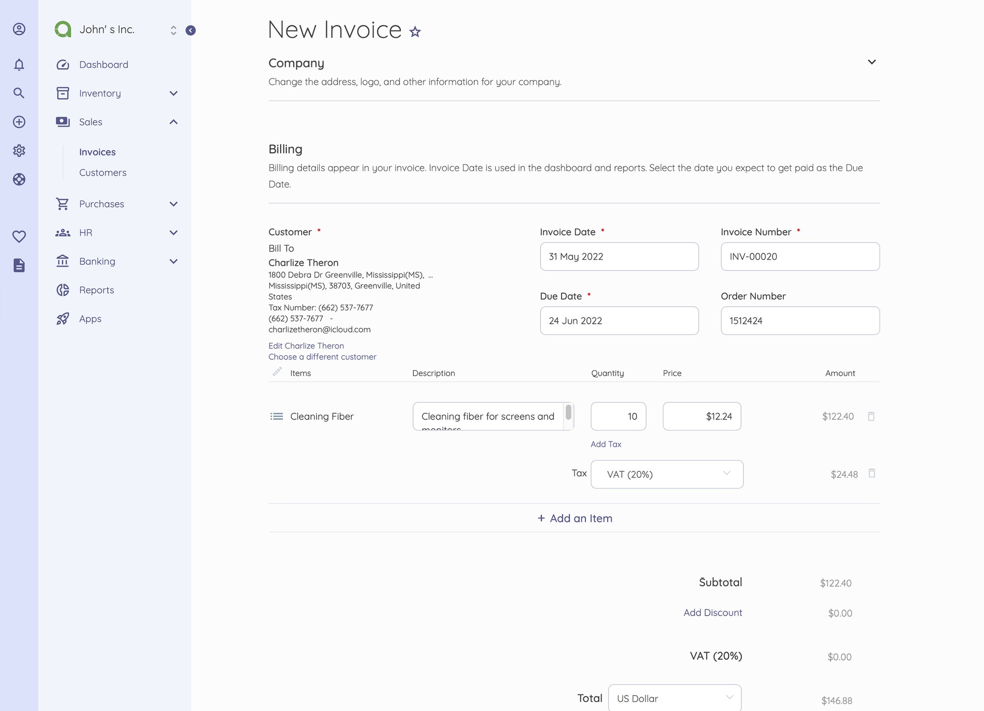Akaunting new invoice form with customer, items and totals