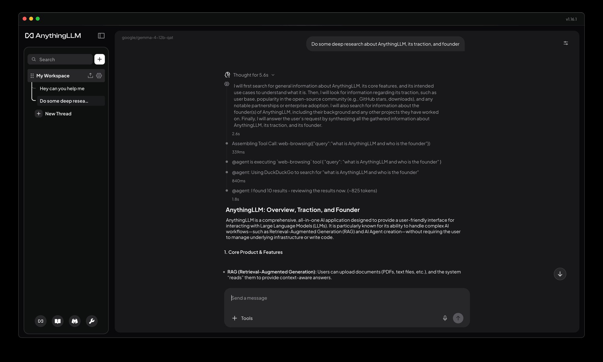 AnythingLLM 1.16.1 chat with agent activity folded into one block