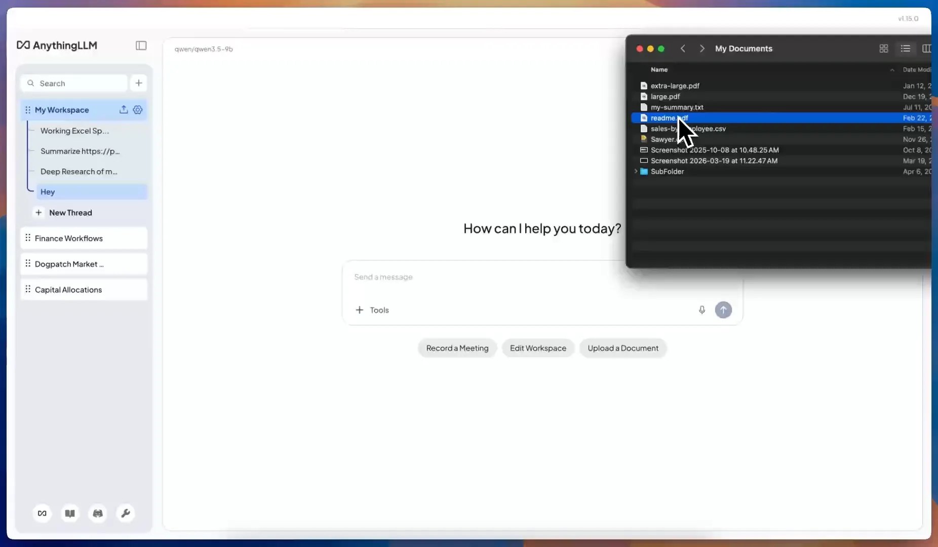 AnythingLLM workspace chat with a document picker