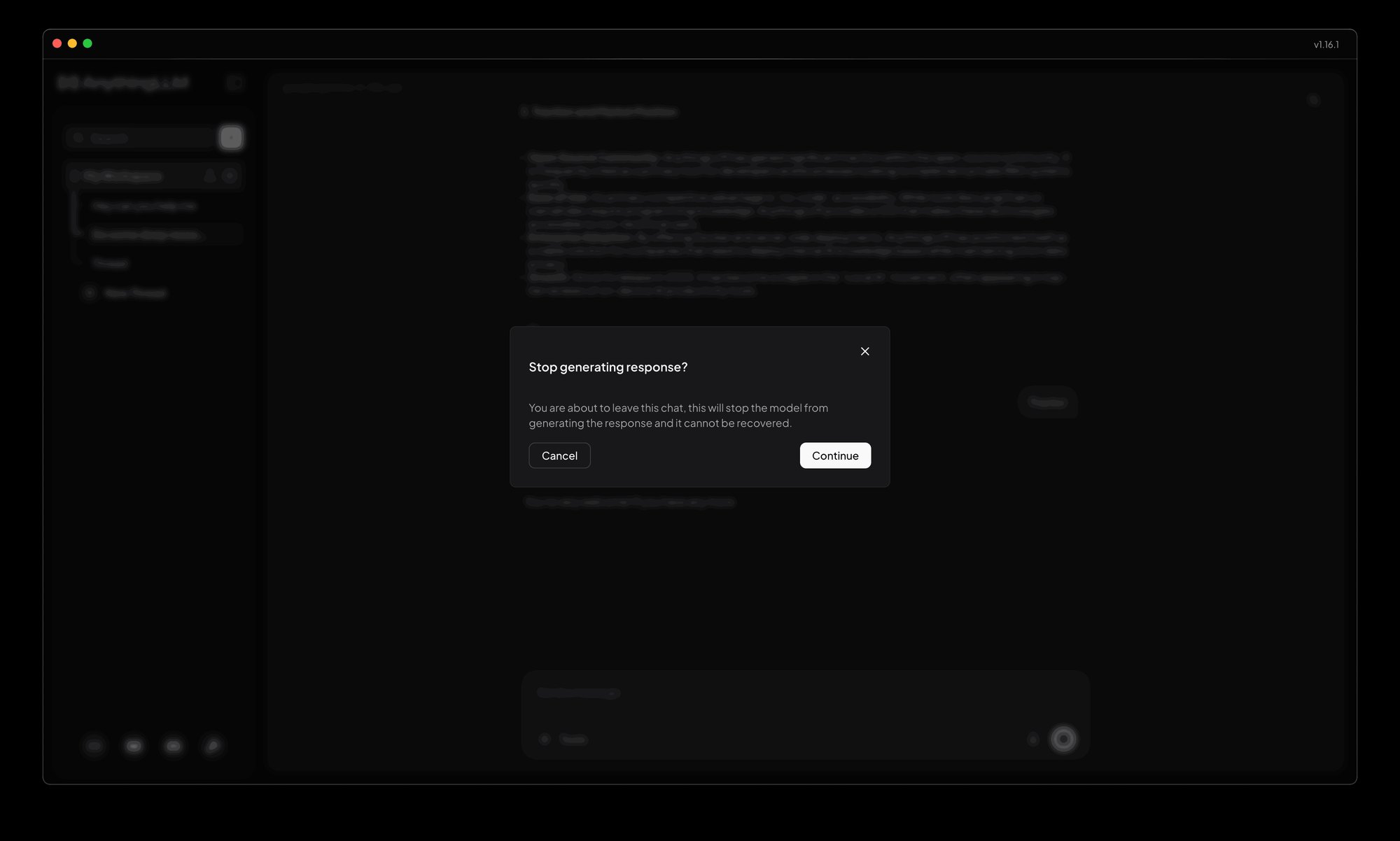 AnythingLLM 1.16.1 warning before leaving a chat mid-response
