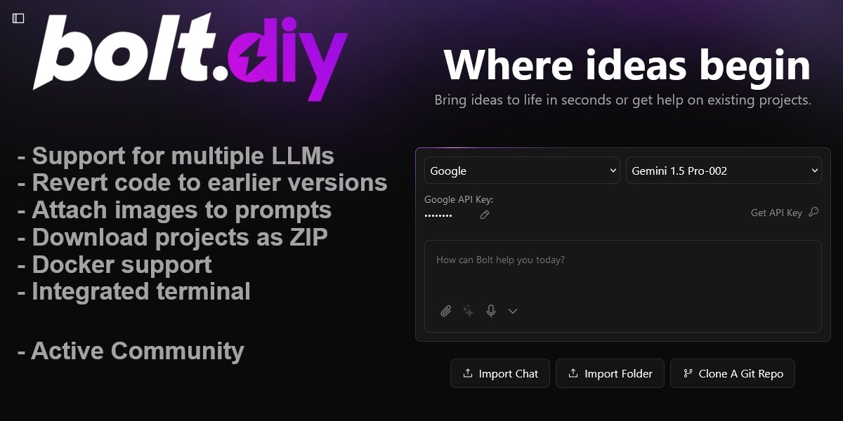 bolt.diy start screen with its feature list and the prompt box