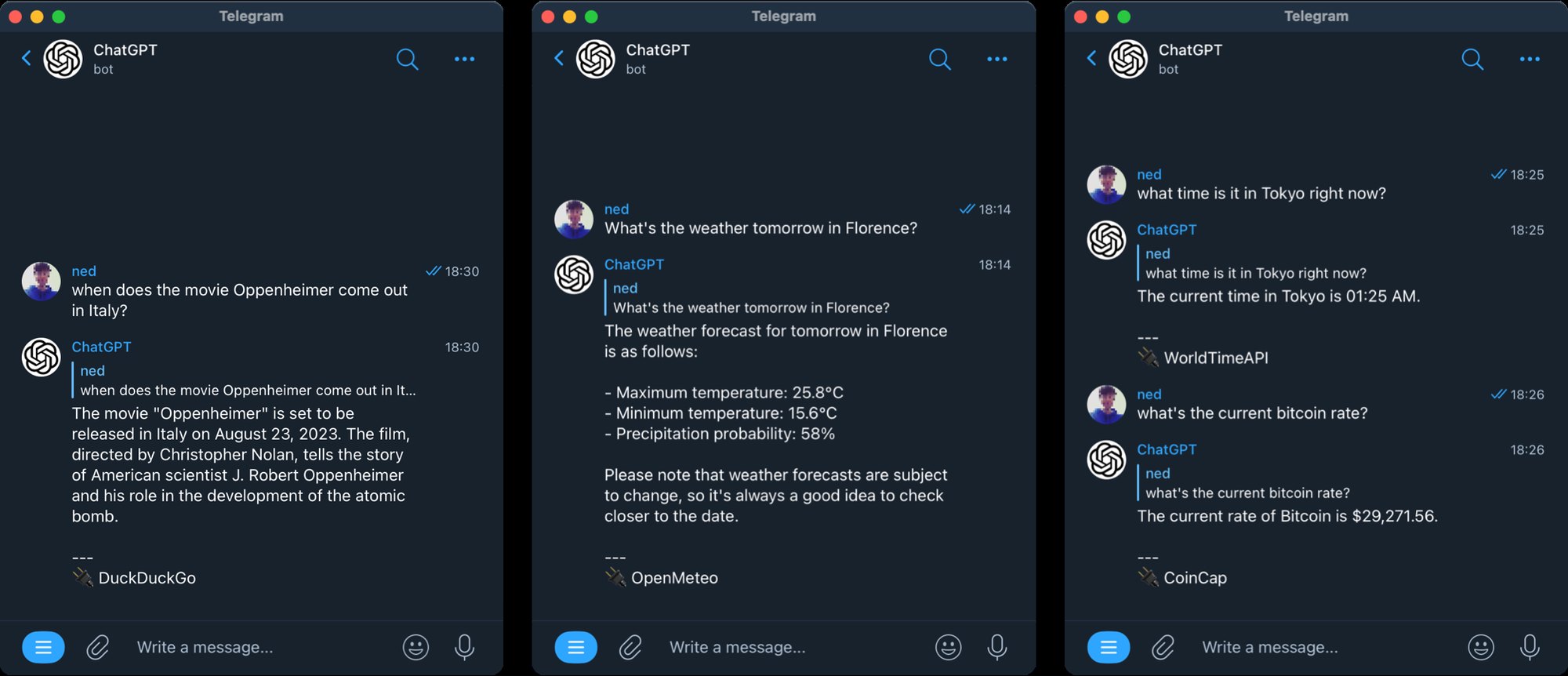 ChatGPT Telegram Bot using plugins in Telegram chats