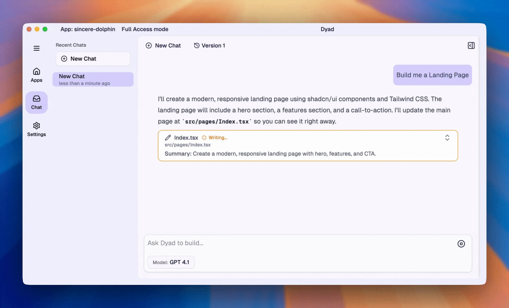 Dyad desktop app building a landing page from a prompt