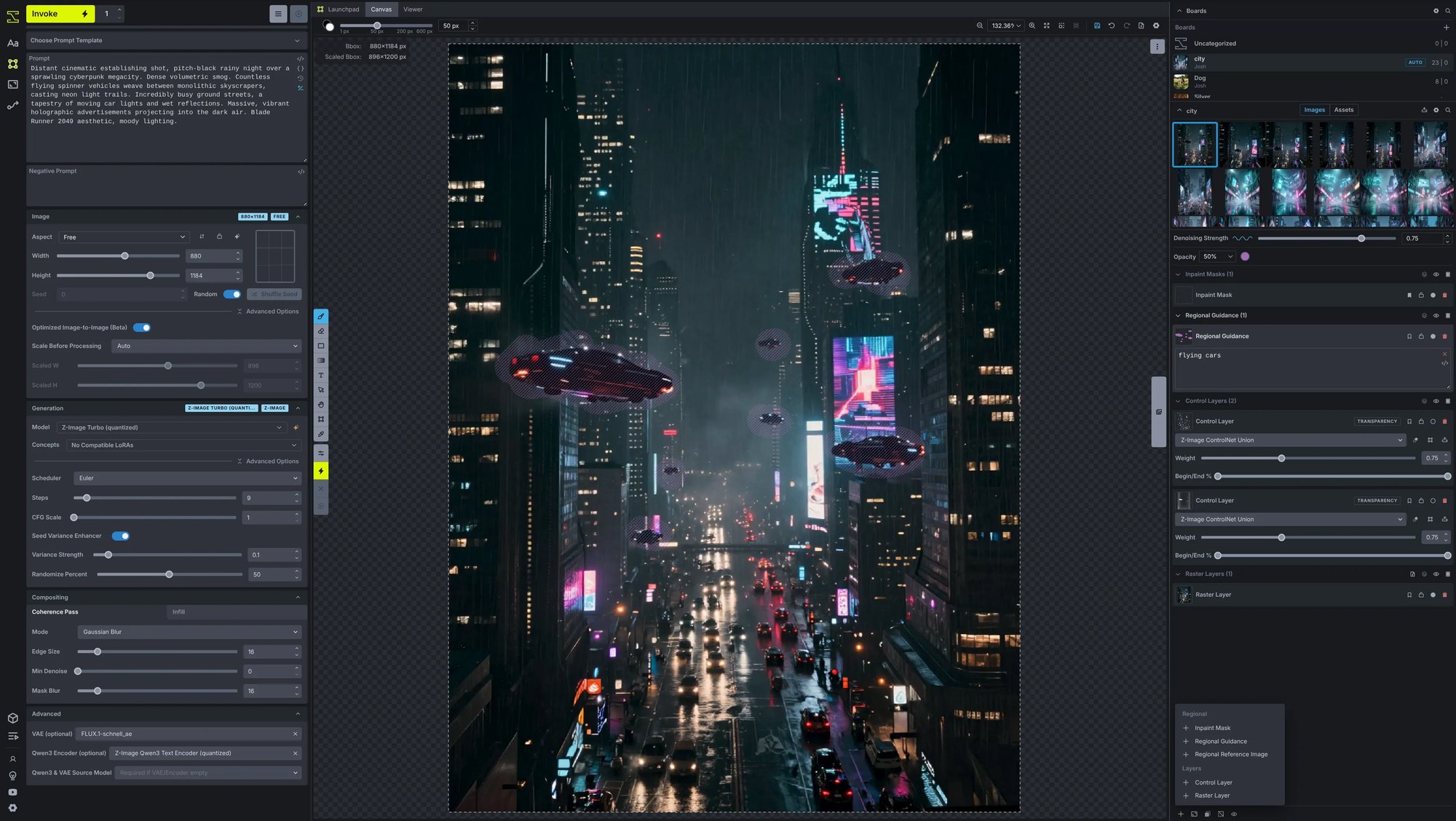 Invoke web UI with the canvas and generation settings