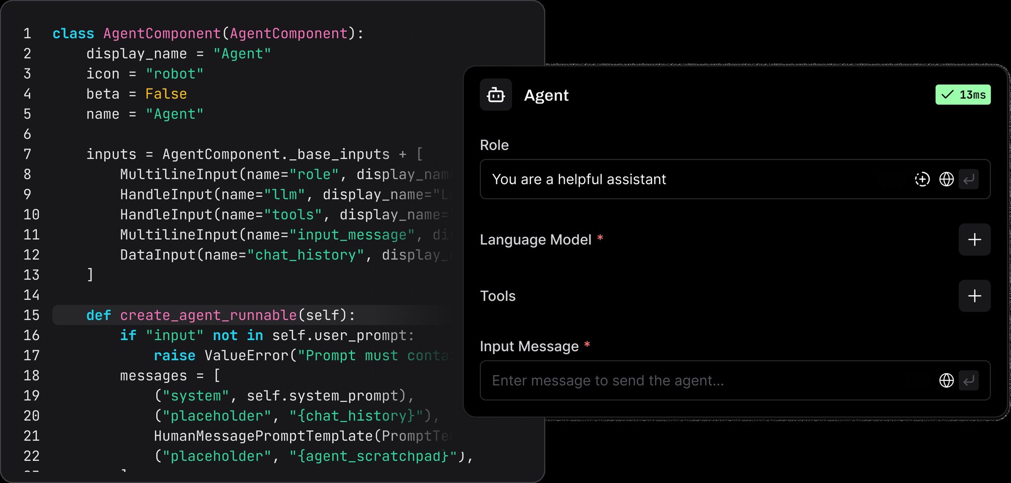 Langflow agent component with its Python source open