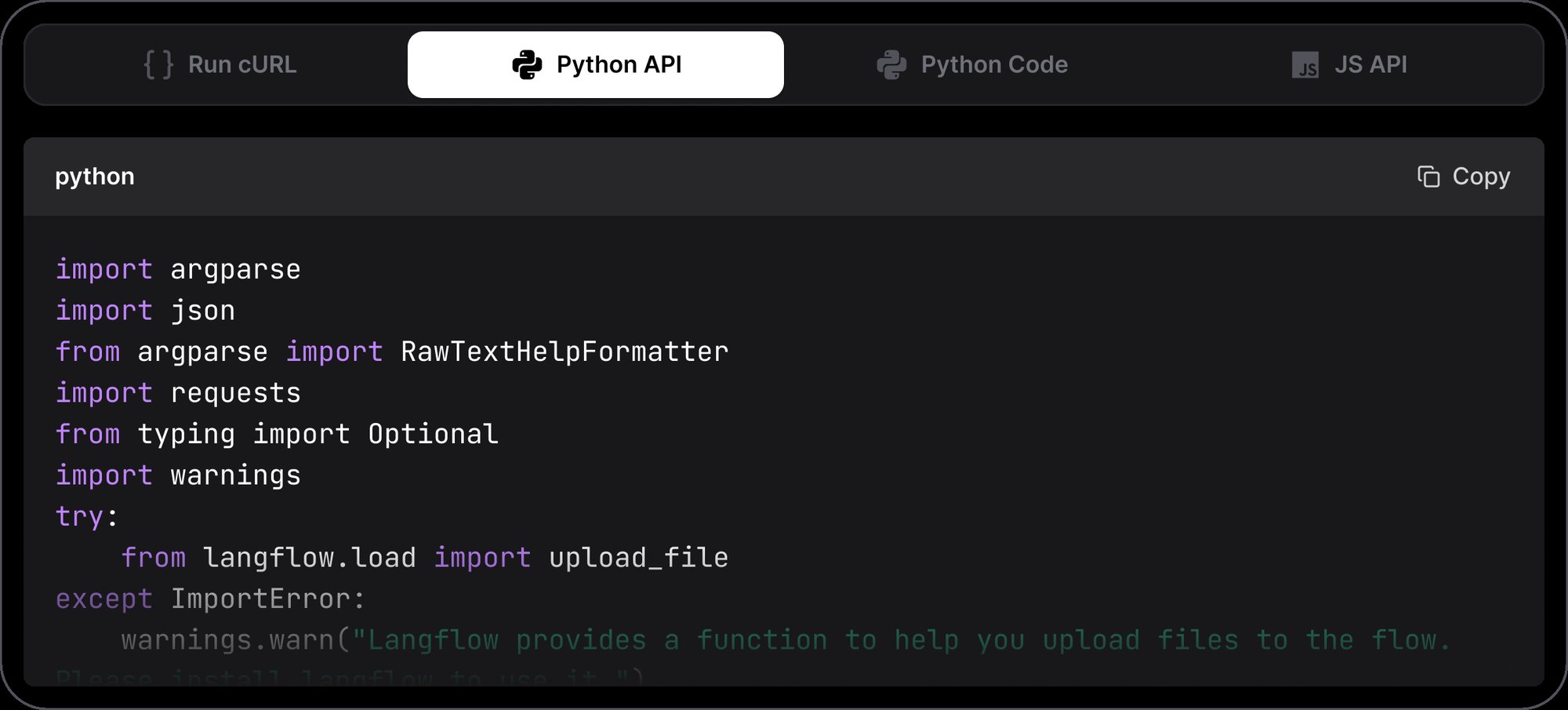 Langflow API dialog showing Python code to call a flow