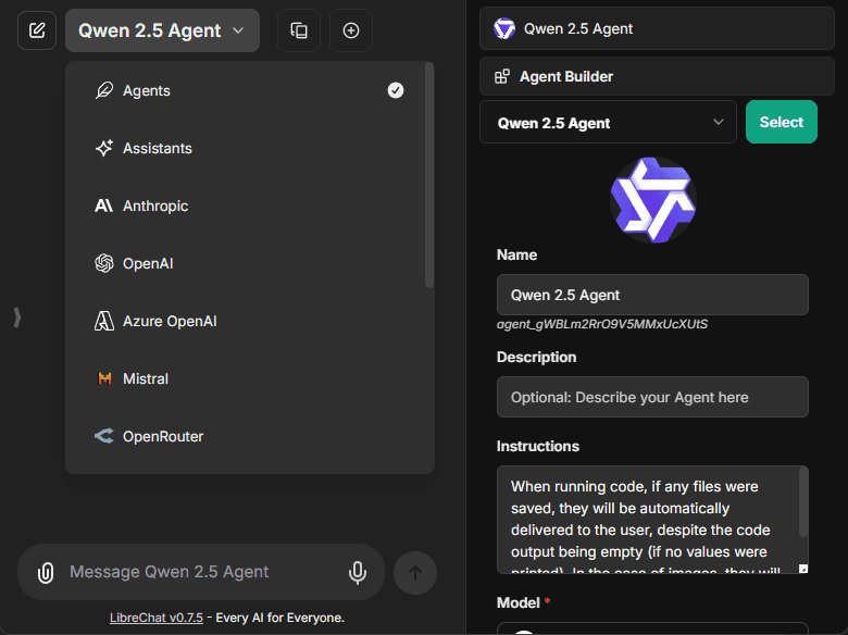 LibreChat agent builder panel with model selection and instructions