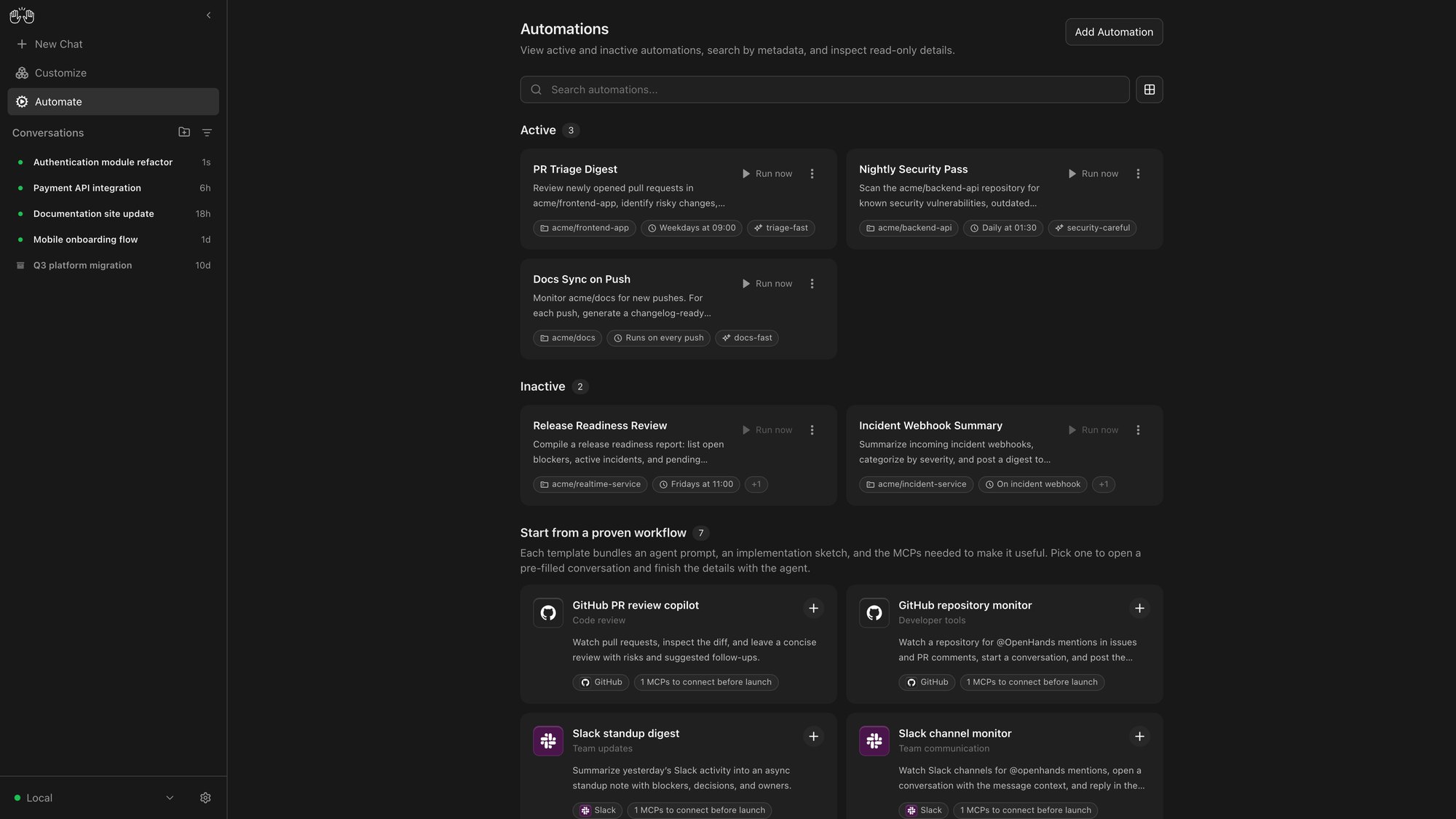 OpenHands Agent Canvas automations screen with scheduled and event-triggered workflows