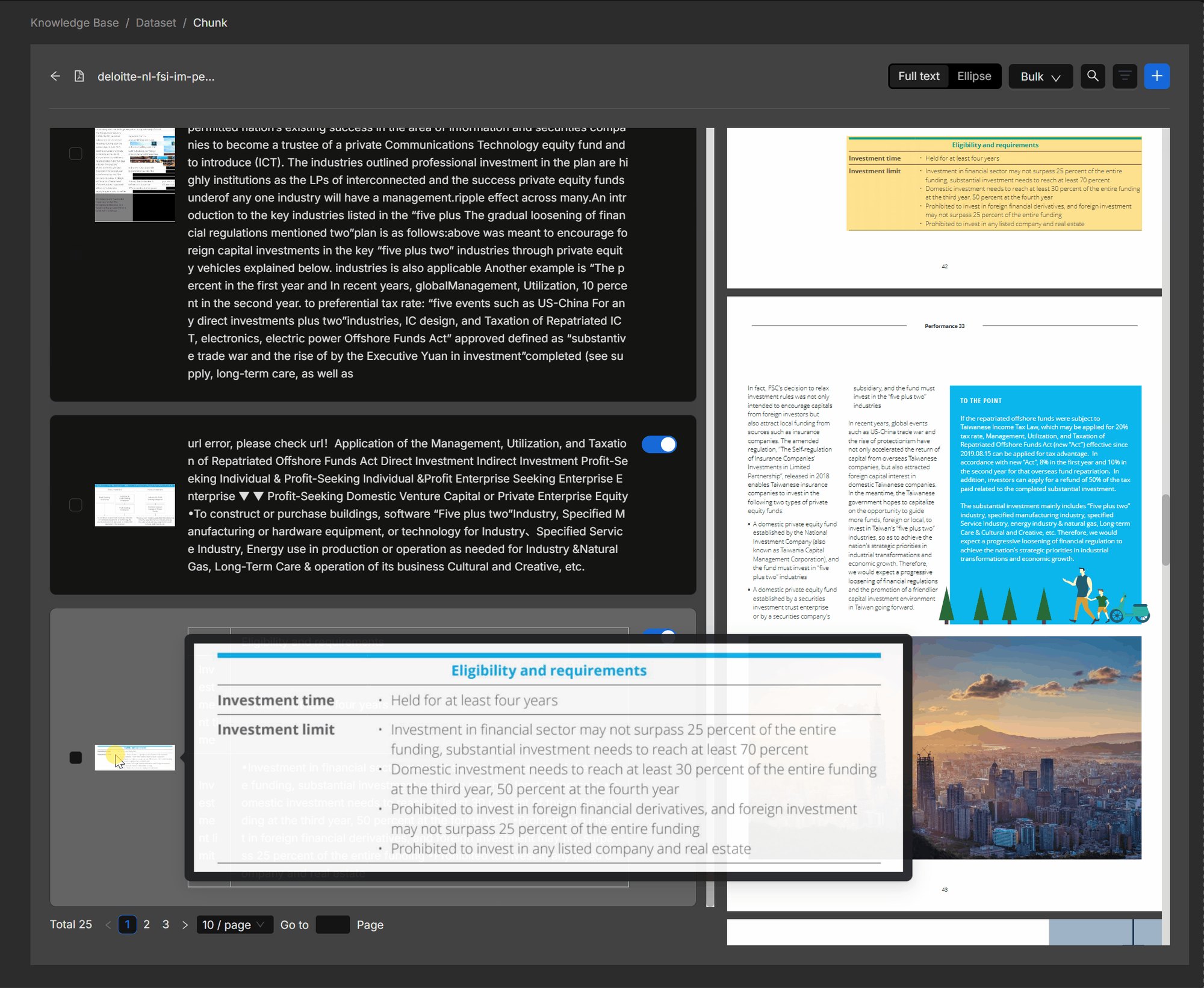 RAGFlow document view with parsed chunks next to the source