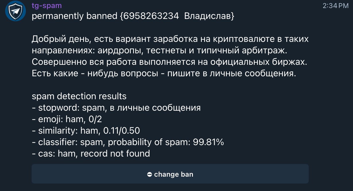 tg-spam ban report in a Telegram admin chat with the spam check results