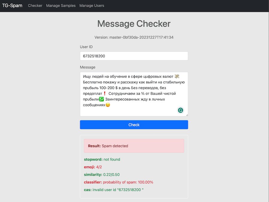 tg-spam web UI message checker showing a spam verdict and the checks behind it