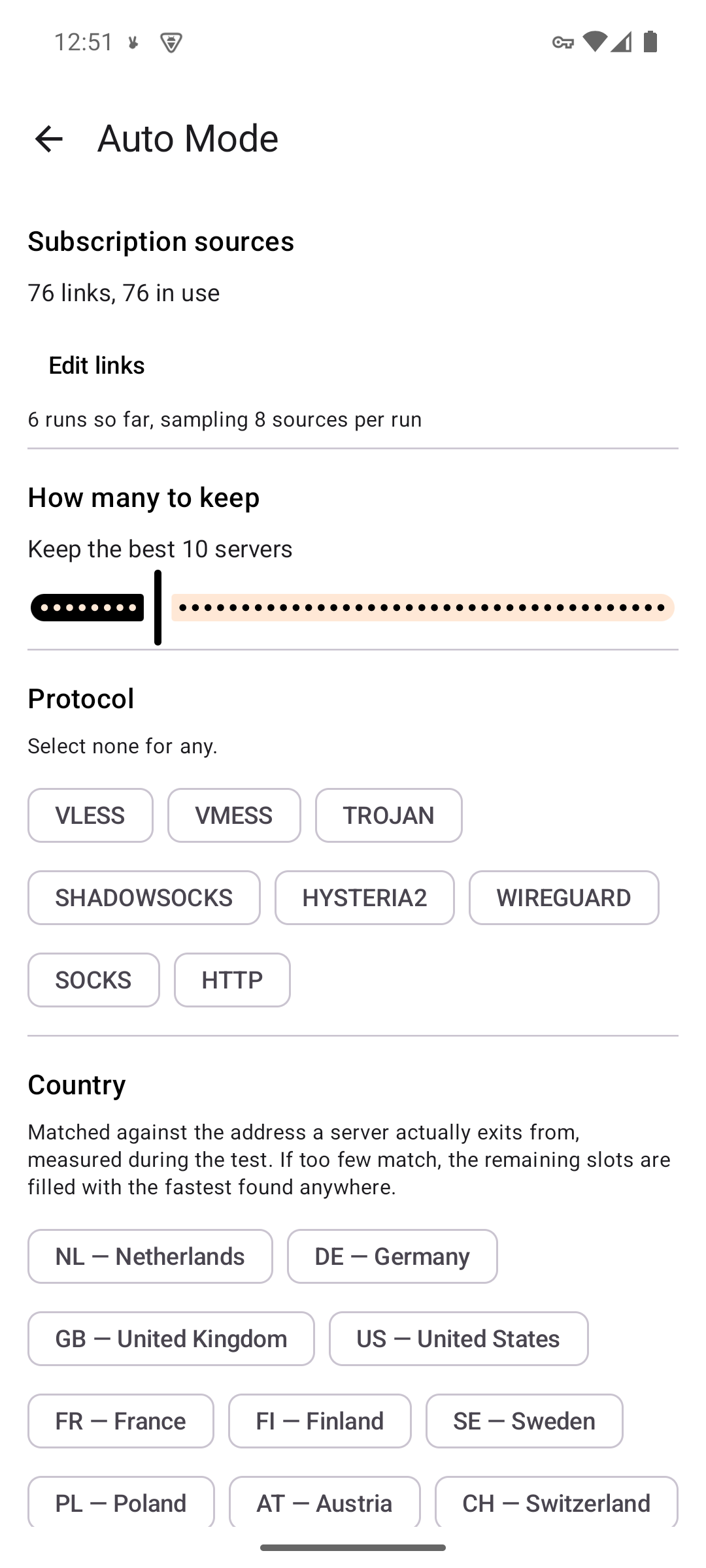 v2rayV Auto Mode settings: subscription sources, how many servers to keep, protocol and country filters