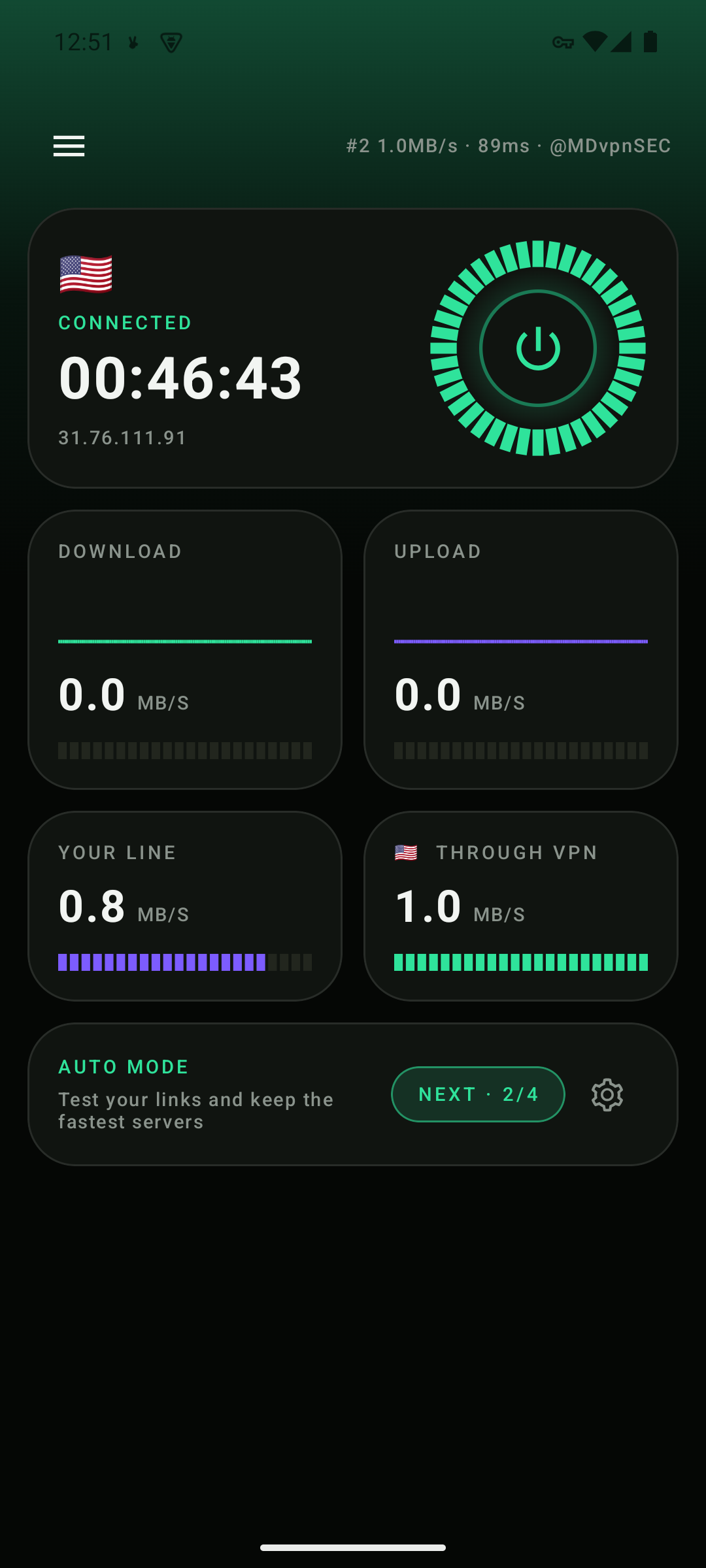v2rayV dashboard on Android: connected through an automatically chosen server, live download and upload, your line versus through-VPN throughput