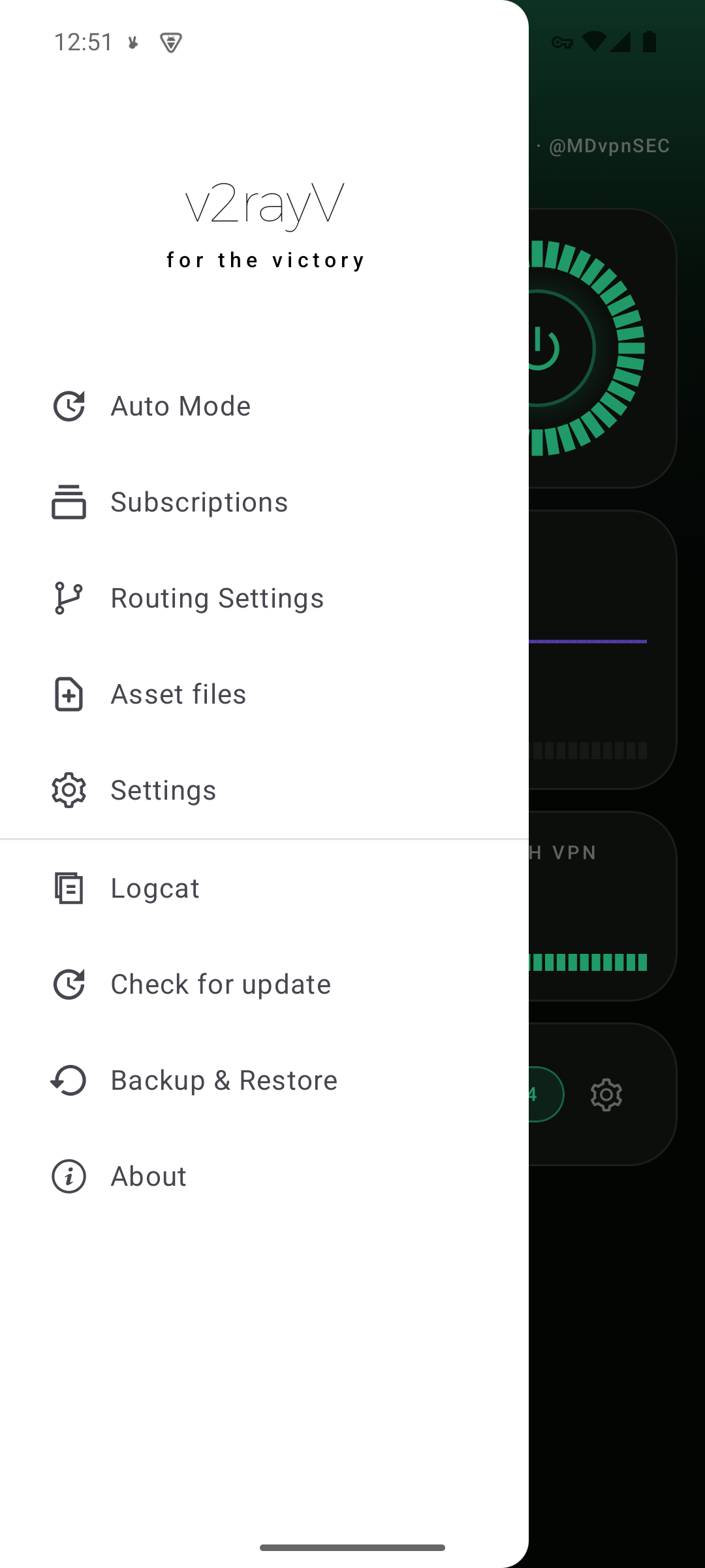 v2rayV navigation drawer: Auto Mode, Subscriptions, Routing Settings, Asset files